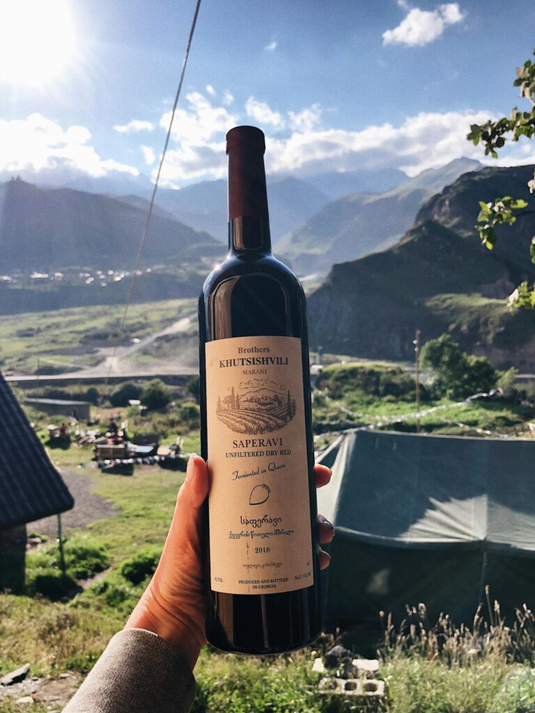 A hand holds a Saperavi wine bottle against a backdrop of beautiful mountains.